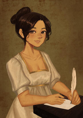 Illustration of a woman in a high-waisted ivory gown seated at a desk and with a quill in her hand and poised to write on a sheet of parchment paper.
